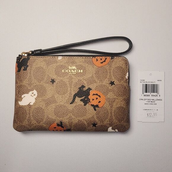 NWT Coach CW466 Corner Zip Wristlet In HALLOWEEN Print Black Cat Ghost Pumpkin - Picture 1 of 3